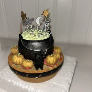 OUR AMERICA Halloween Cauldron Black Cat Candle Topper 3.25x3.5" Pumpkins NEW